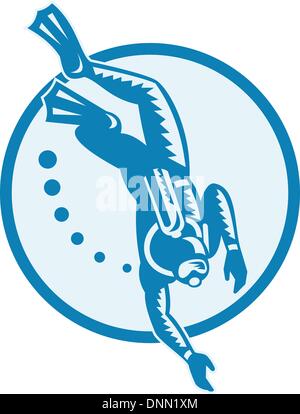 Illustration of a scuba diver diving swimming underwater set inside circle done in retro woodcut style. Stock Vector