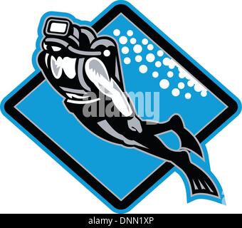 Retro illustration of a scuba diver diving swimming up underwater set inside diamond shape done in woodcut style. Stock Vector