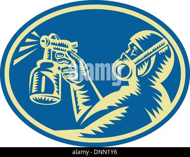 Illustration of a spray painter spraying paint spray gun done in woodcut retro style set inside ellipse viewed from side. Stock Vector