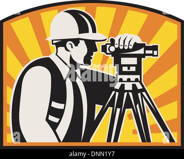 Illustration of surveyor civil geodetic engineer worker with theodolite total station equipment with sunburst done in retro woodcut style, Stock Vector