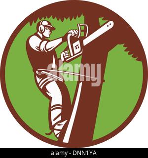 Illustration of a tree surgeon arborist trimmer pruner cutting with chainsaw climbing tree set inside circle done in retro style. Stock Vector