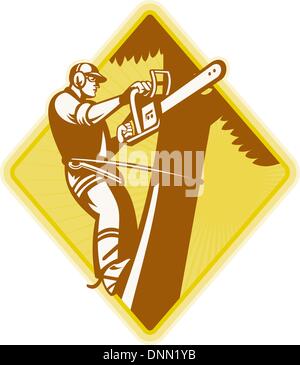 Illustration of lumberjack arborist tree surgeon holding a chainsaw on isolated white background. Stock Vector