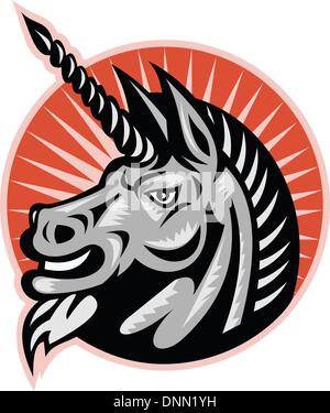 Illustration of an angry unicorn horse head set inside circle done in retro woodcut style. Stock Vector