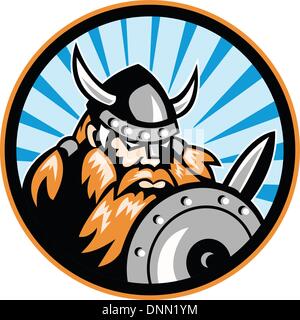 Illustration of a viking warrior raider barbarian with sword and shield set inside circle done in retro style. Stock Vector