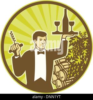 Illustration of a waiter holding cork screw and serving wine bottle and glass on platter with wine barrel and grape vine and fruit in background set inside circle retro style. Stock Vector