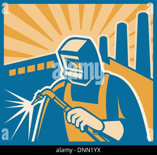 Illustration of a welder with welding torch and factory building in background set inside square done in retro woodcut style. Stock Vector