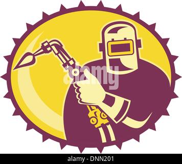 Illustration of a welder worker fabricator with welding torch set inside ellipse done in retro style. Stock Vector