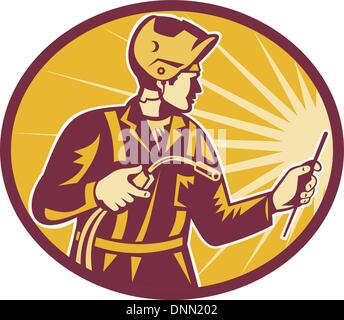 Illustration of welder worker welding torch viewed from side set inside oval done in retro style. Stock Vector