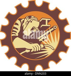 Illustration of a welder fabricator worker welding torch with i-beam pipe and bar set inside gear done in retro style. Stock Vector