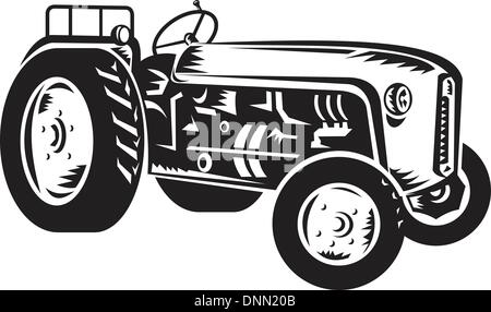 illustration of a vintage tractor done retro woodcut style black and white Stock Vector