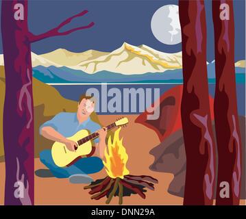 Illustration of a man camping playing guitar with moon and landscape in the background done in retro style. Stock Vector