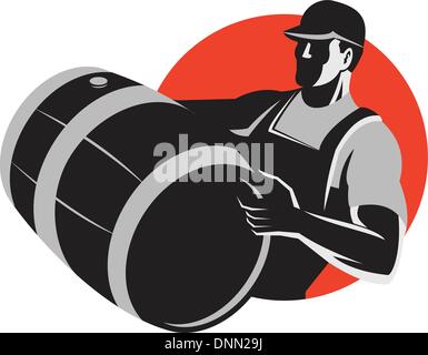 Illustration of a man wine maker worker carrying a wine barrel cask keg done in retro style. Stock Vector