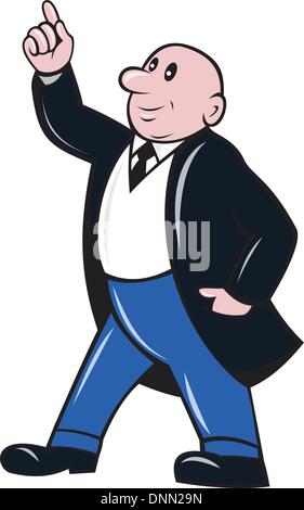 illustration of a bald businessman pointing upwards done in cartoon style on isolated background Stock Vector