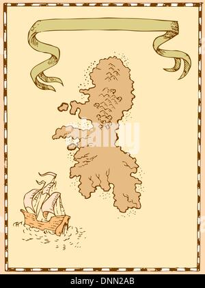 Illustration of a treasure map showing island with coast and compass ...