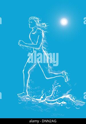 illustration of a female runner running on water and made to look like she is made out of water on blue background Stock Vector