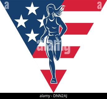 illustration of a female Marathon road runner jogger fitness training road running with American flag stars and stripes in background inside triangle Stock Vector