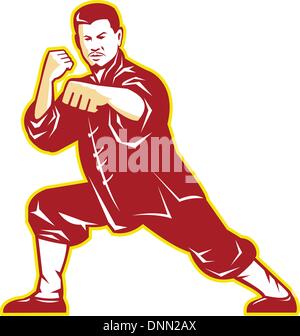 Illustration of shaolin kung fu martial arts karate master in fighting stance with temple and sunburst in background set inside Stock Vector