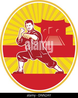 Illustration of shaolin kung fu martial arts karate master in fighting stance with temple and sunburst in background set inside Stock Vector