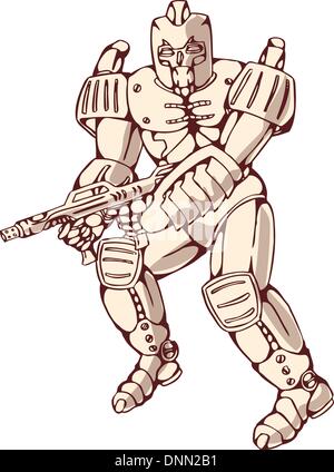 Illustration of a mecha robot warrior jumping firing gun side view on isolated white background Stock Vector