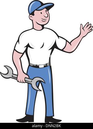 illustration of a mechanic repairman holding a spanner waving hand standing front done in cartoon style on isolated white background Stock Vector