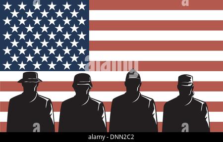 Illustration of an American soldier servicemen with flag in background. Stock Vector