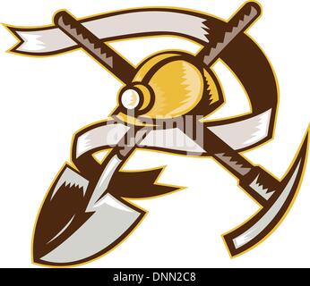 illustration of a coal miner hardhat spade shovel and pickax with scroll in background on isolated white background done in retro woodcut style Stock Vector