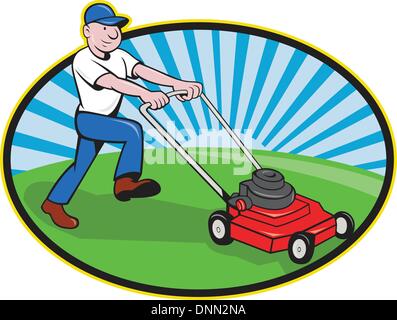 Illustration of landscaper gardener pushing lawn mower smiling facing side done in cartoon style on isolated white background. Stock Vector