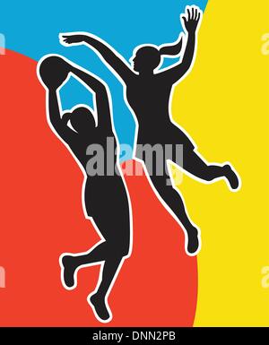 illustration of two netball players silhouette jumping shooting blocking the ball Stock Vector