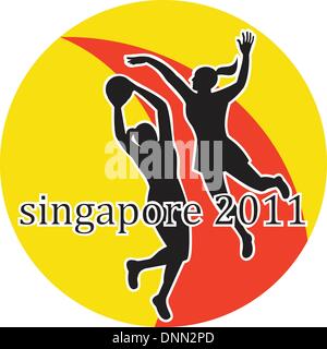 illustration of two netball players silhouette jumping shooting blocking the ball with words Singapore 2011 Stock Vector