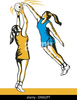 illustration of a netball player shooting defending blocked isolated on white background done in retro style. Stock Vector