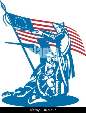 illustration of American patriots fighting with Betsy Ross flag isolated on white. Stock Vector