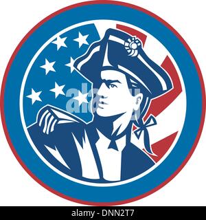 illustration of an American revolutionary soldier with Stars and stripes flag in background set inside a circle Stock Vector