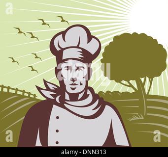 illustration of a Baker chef or cook with farm setting in background done in retro woodcut style Stock Vector