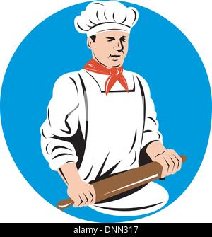 illustration of a chef, cook or baker done in retro style kneading rolling pin Stock Vector