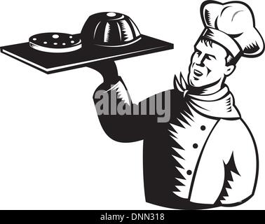 illustration of a chef, cook or baker done in retro woodcut style serving pastry and bakery products Stock Vector