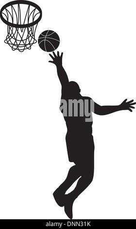 Illustration of a basketball player lay-up dunking ball with shield scroll and words tournament. Stock Vector