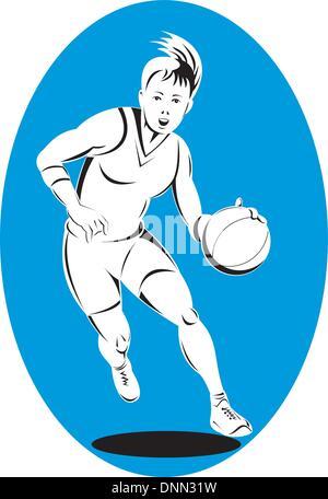 illustration of a basketball player dribbling ball done in retro style Stock Vector