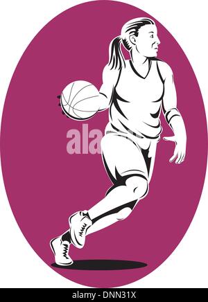 illustration of a basketball player dribbling ball done in retro style Stock Vector