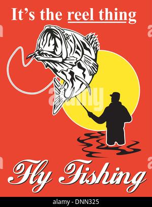 graphic design illustration of ly fisherman catching largemouth bass with fly reel with text wording it's the reel thing' and 'fly fishing'set inside a red rectangle done in retro style' Stock Vector