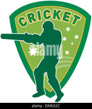 illustration of a cricket sports player batsman silhouette batting set inside shield with stars of australia flag and australian green and gold color Stock Vector