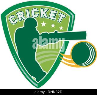 illustration of a cricket sports player batsman silhouette batting set inside shield with ball flying isolated on white Stock Vector