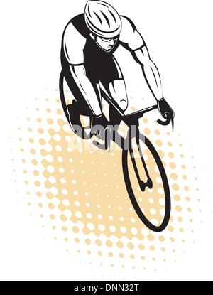 Illustration of a male cyclist riding racing bicycle viewed from high angle done in retro style. Stock Vector