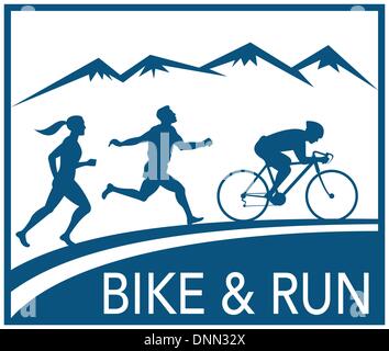 illustration of a silhouette of marathon runner and cyclist  race with mountains and words bike and run done in retro style Stock Vector