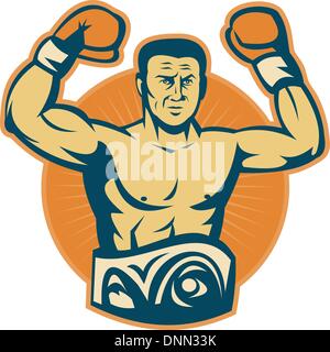illustration of a Champion boxer with championship belt raising gloves Stock Vector