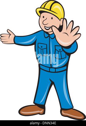 illustration of a cartoon construction worker holding hand out stop isolated on white Stock Vector