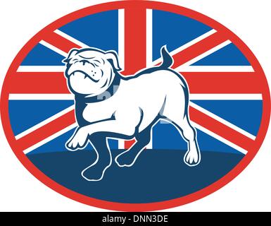 illustration of a Proud English bulldog marching with Great Britain or British flag at background set inside an oval. Stock Vector