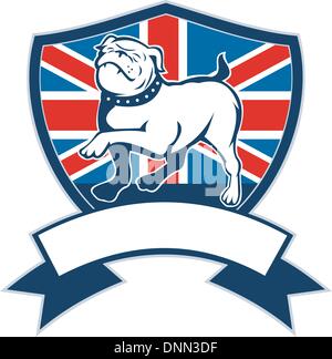 illustration of a Proud English bulldog marching with Great Britain or British flag in background set inside a shield with ribbon or scroll in foreground Stock Vector
