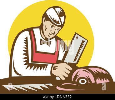 illustration of a butcher chopping meat done in woodcut style. Stock Vector