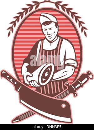 illustration of a Butcher holding leg of pork meat with butcher's knife and sharpening tool in foreground Stock Vector