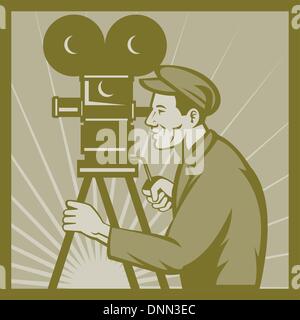 illustration of a Vintage movie or television film camera and director viewed from a low angle done in retro style. Stock Vector